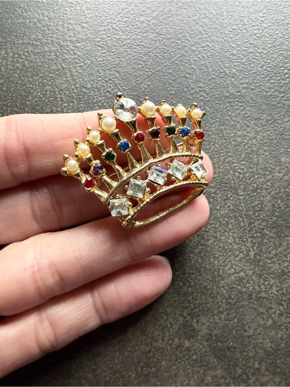 Vintage Gold Crown Brooch with Multicolor Gems and Seed Pearls